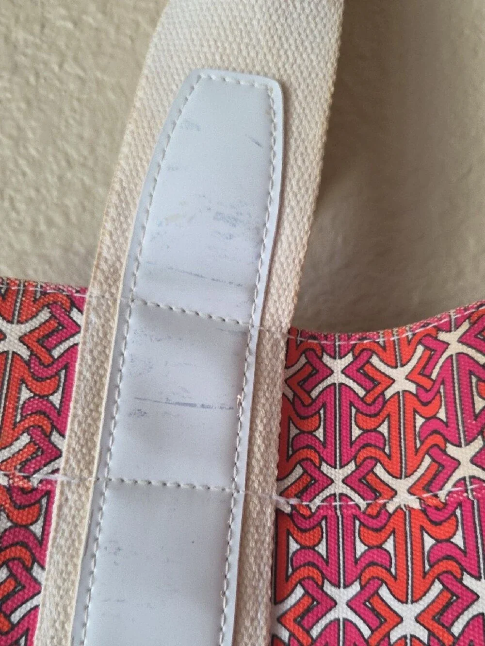 Tory Burch Coral Patterned Canvas Tote with White Trim